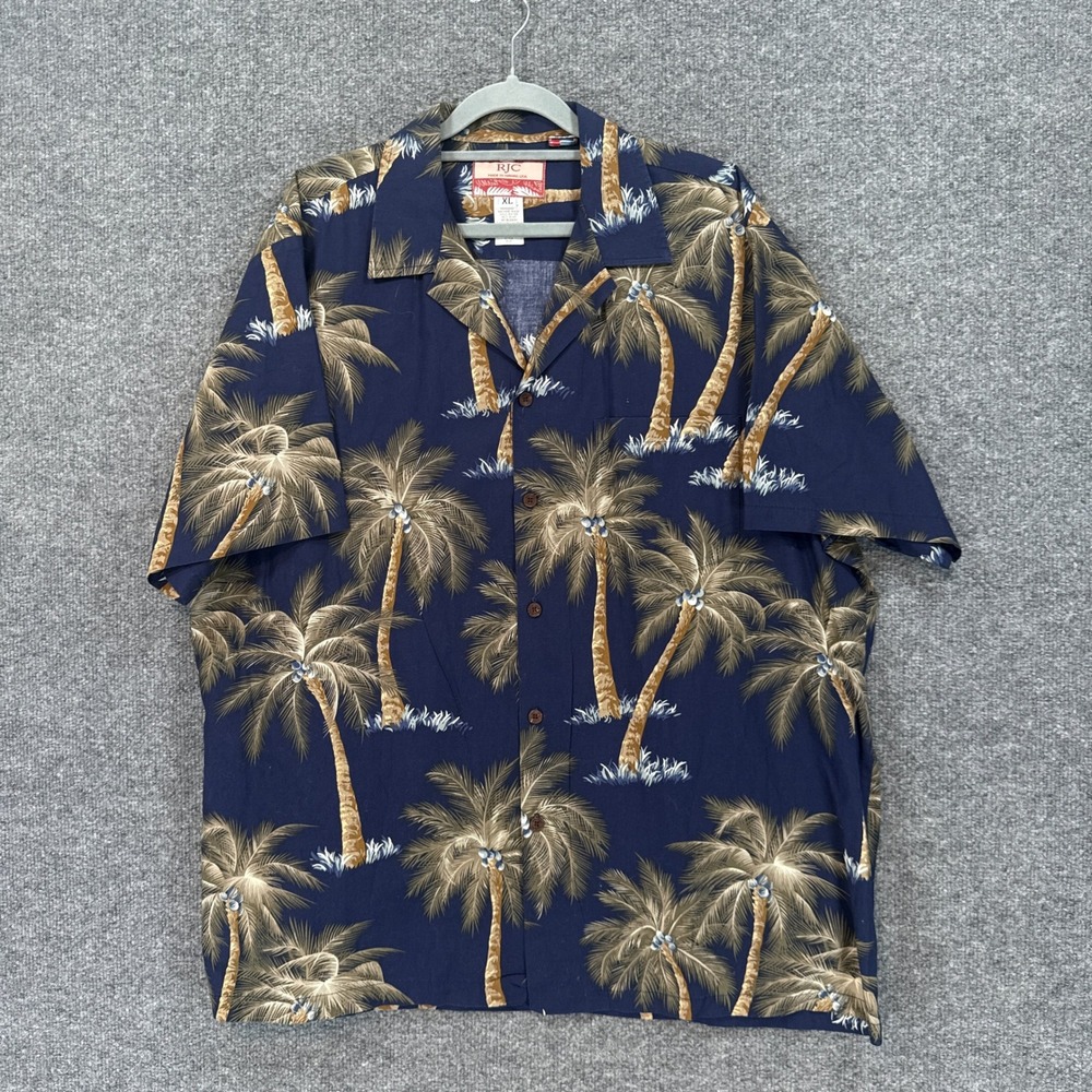 RJC Hawaiian Shirt Mens XL Navy Blue Palm Tree Print Aloha Beach Camp Top